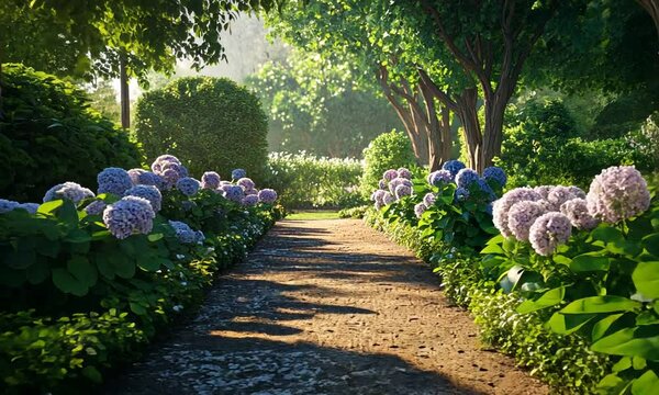 A serene garden path lined with blooming hydrangeas and lush greenery.