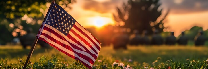 American Flag Waving in the Sunset Grass
