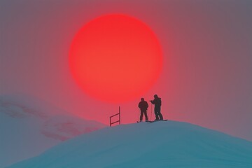 Fototapeta premium Silhouettes of hikers against a vibrant red sun on a snowy mountain.