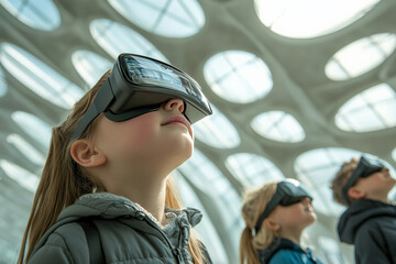 Children experiencing virtual reality technology, modern architecture, immersive learning environment, educational fun, innovation concept