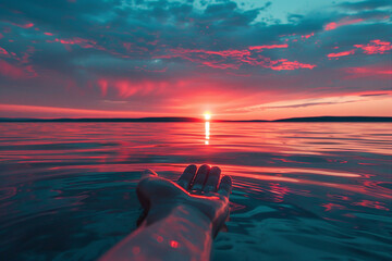 AI generated photo of hand holding water from the river