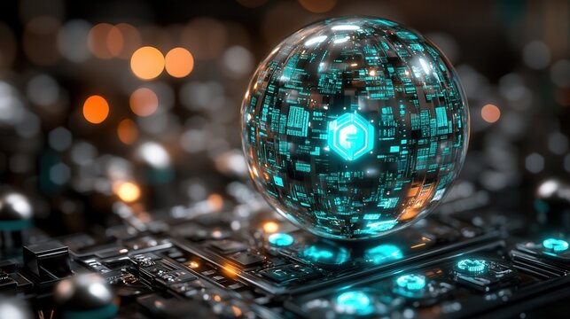 A futuristic digital sphere showcasing advanced technology and intricate circuitry, illuminated by glowing patterns.