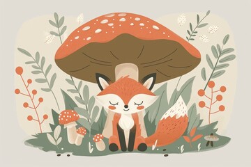 Cute fox under mushroom in whimsical forest illustration