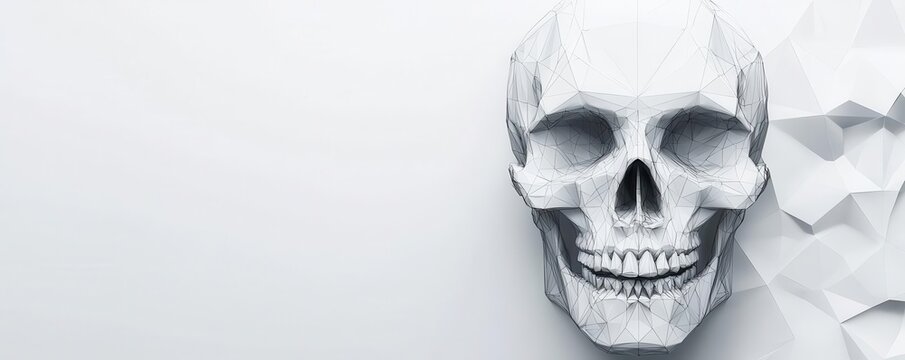 Abstract low polygon wireframe skull, sharp edges and triangular surfaces, minimalist geometry in anatomy