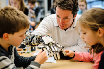 Teacher, children, engaging with robot bionic hand, educational technology, interaction, classroom setting, learning about robotics, innovation concept