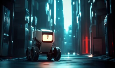 Futuristic robot driving in a cyberpunk city.