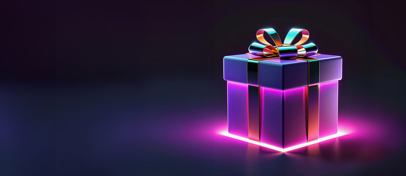 Glowing neon gift box on dark background. Cyber Monday and online shopping concept. Image for banner, promotion and sale advertising with copy space.