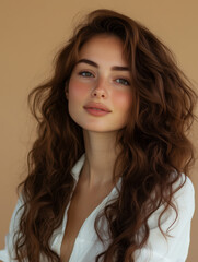Naklejka premium Beautiful woman with long brown hair, perfect hairstyle and color,