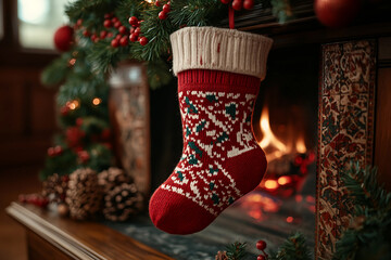 Generative AI image of cozy Christmas stockings hanging near the fireplace with festive holiday decorations