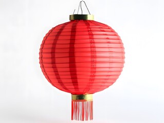 A Single Red Chinese Lantern Hanging Against a White Background