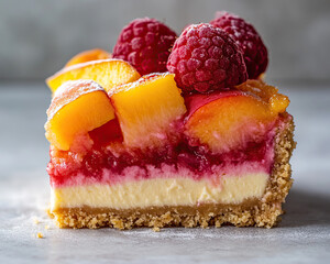 Peach Melba Cheesecake Slice with Peaches and Raspberry Sauce