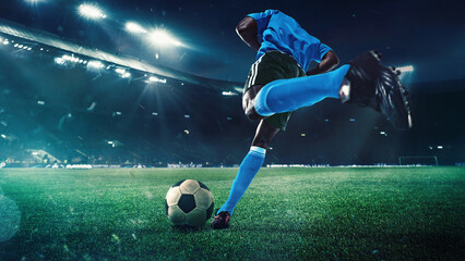 3D render of stadium. Focused and skillful man, soccer player in blue uniform competing for the...