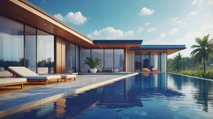 Obraz premium Luxury pool villa spectacular contemporary design digital art real estate home house and property
