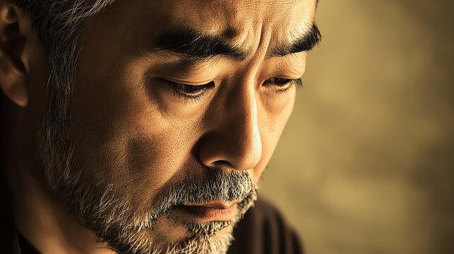 Japanese man with a sorrowful look in a reflective mood