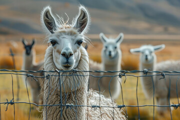 Obraz premium Generated AI portrait of brown or beige alpaca on a green field grass