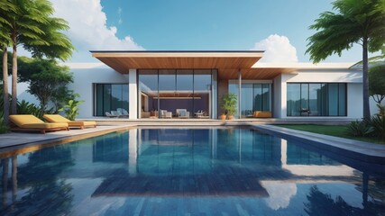Fototapeta premium Luxury pool villa spectacular contemporary design digital art real estate home house and property
