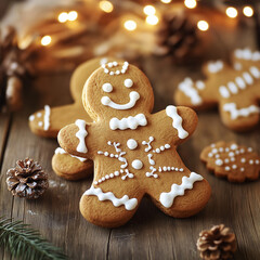Fototapeta premium Decorated gingerbread cookies with icing, festive atmosphere, cozy wooden background