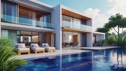Fototapeta premium Luxury pool villa spectacular contemporary design digital art real estate home house and property