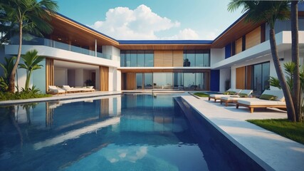 Fototapeta premium Luxury pool villa spectacular contemporary design digital art real estate home house and property