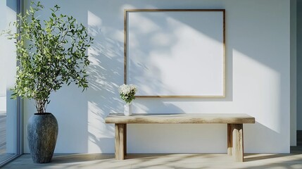 Classic entryway with a large blank frame on a wall above a rustic console table and a floral arrangement.