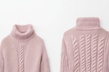Pink knitted turtleneck sweater with cable pattern on white background