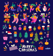Merry Christmas holiday elements. Christmas decorative collection with fun people, Christmas tree and gifts. People are dancing, having fun and celebrating Christmas