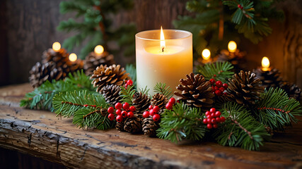 Flickering candles surrounded by natural pine, holly leaves, red berries, and softly glowing string lights for a warm holiday feel.