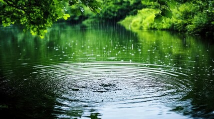 Naklejka premium A peaceful scene of rain falling gently on a tranquil lake, with ripples forming on the surface and lush greenery reflecting the calming atmosphere.