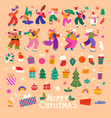 Merry Christmas holiday elements. Christmas decorative collection with fun people, Christmas tree and gifts. People are dancing, having fun and celebrating Christmas