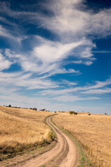 Field landscape with rolling hills and a picturesque sky, capturing the essence of spring in a rural setting
