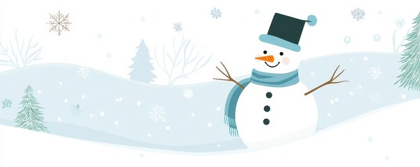 Cheerful Snowman in Snowy Landscape with Cozy Scarf and Hat
