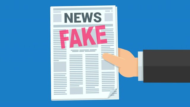 Animation of a hand holding a newspaper with the headline "News" and the word "Fake" in red in a flat design style appearing on a blue background and then disappearing