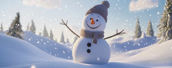 Naklejka premium Cheerful Snowman in Snowy Landscape with Cozy Scarf and Hat