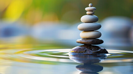 Obraz premium Stacked stones balanced on a rock in calm water, surrounded by gentle ripples, symbolizing tranquility, balance, and peacefulness in nature