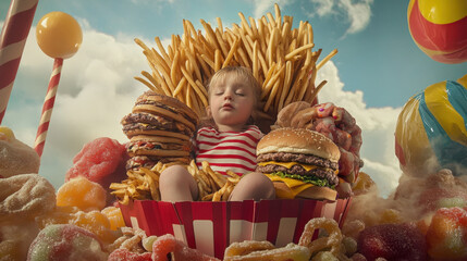 Child sleeping on junk food throne with french fries, burgers, and candy