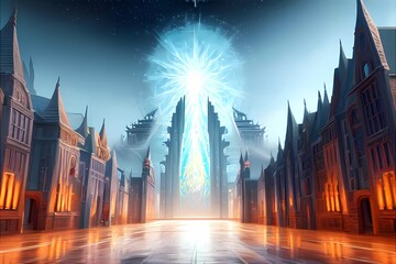 Fototapeta premium ゲーム背景 異世界迷宮謎のエネルギー装置がある謎の都市の夜景 