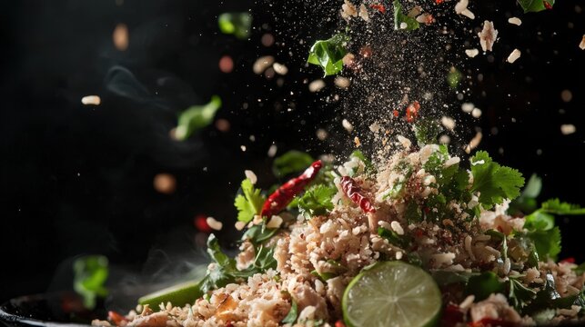 A close-up of Isaan larb with ingredients like lime, roasted