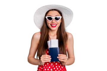 Close-up portrait of her she nice attractive lovely impressed cheerful dreamy straight-haired girlfriend holding in hands bus ticket isolated over green blue turquoise bright vivid shine background