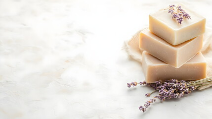 Natural handmade soap with dried flowers. Neutral milky shades. Copyspace banner