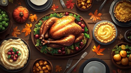 Thanksgiving feast illustration with roasted turkey, various pies, and side dishes on a wooden table adorned with autumn leaves