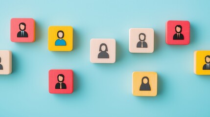 Obraz premium Colorful icons represent diverse individuals on a vibrant background, ideal for concepts of community, diversity, and teamwork.