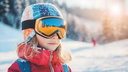 A young girl gears up for an exhilarating day of snowboarding on a stunning snowy mountain, surrounded by nature's wintry beauty and excitement.