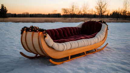 Old-fashioned sleigh parked in a snowy field, adorned with festive garlands and cozy blankets, ready for a winter ride