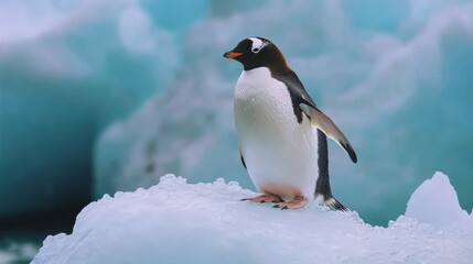 Fototapeta premium Gentoo Penguin Standing Alone on Iceberg in Antarctica