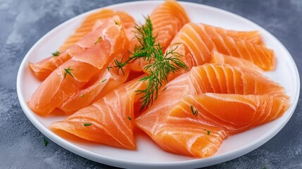 Smoked Salmon Slices Artfully Arranged on a White Plate Garnished with Fresh Dill for a Clean Modern Culinary Presentation