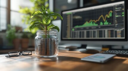 A stylish workspace showcasing a green plant beside a computer with financial graphs, symbolizing growth and productivity.