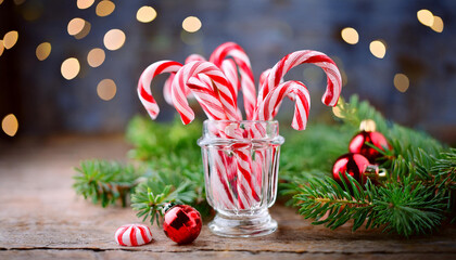 White and red candy cane. Tasty Christmas treat. Sweet festive food.