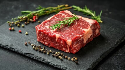 A premium cut of organic beef rests on a slate surface, accented by scattered fresh herbs