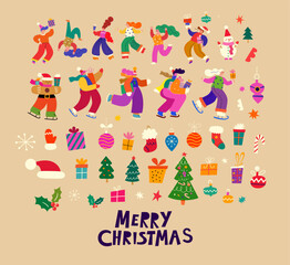 Obraz premium Merry Christmas holiday elements. Christmas decorative collection with fun people, Christmas tree and gifts. People are dancing, having fun and celebrating Christmas