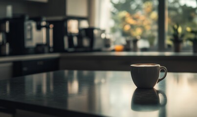 Fototapeta premium A coffee cup sits on a table near a window.